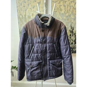 Ted Baker Men's Sz 4 Puffer Jacket Quilted Blue Faux Suede Brown Shoulder Patch